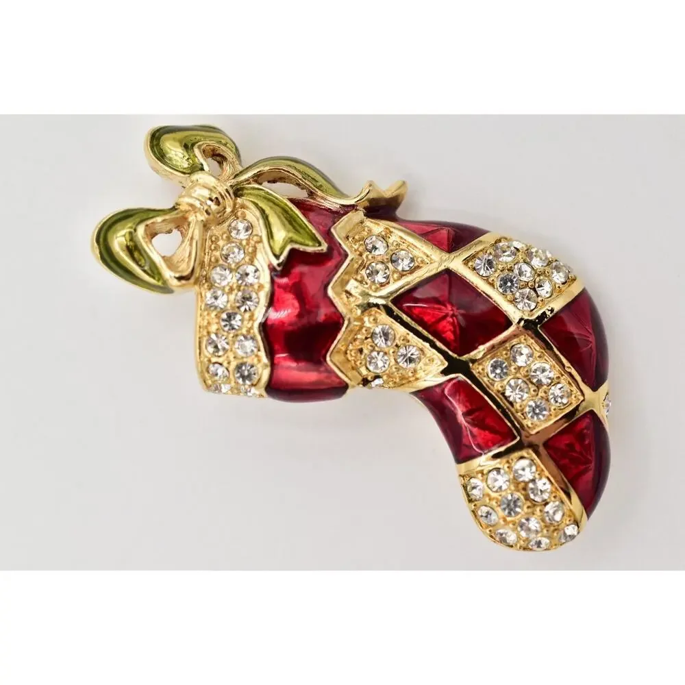 Monet Vintage Christmas Stocking Pin Brooch Red Enamel Bow Crystal Signed BinBG
